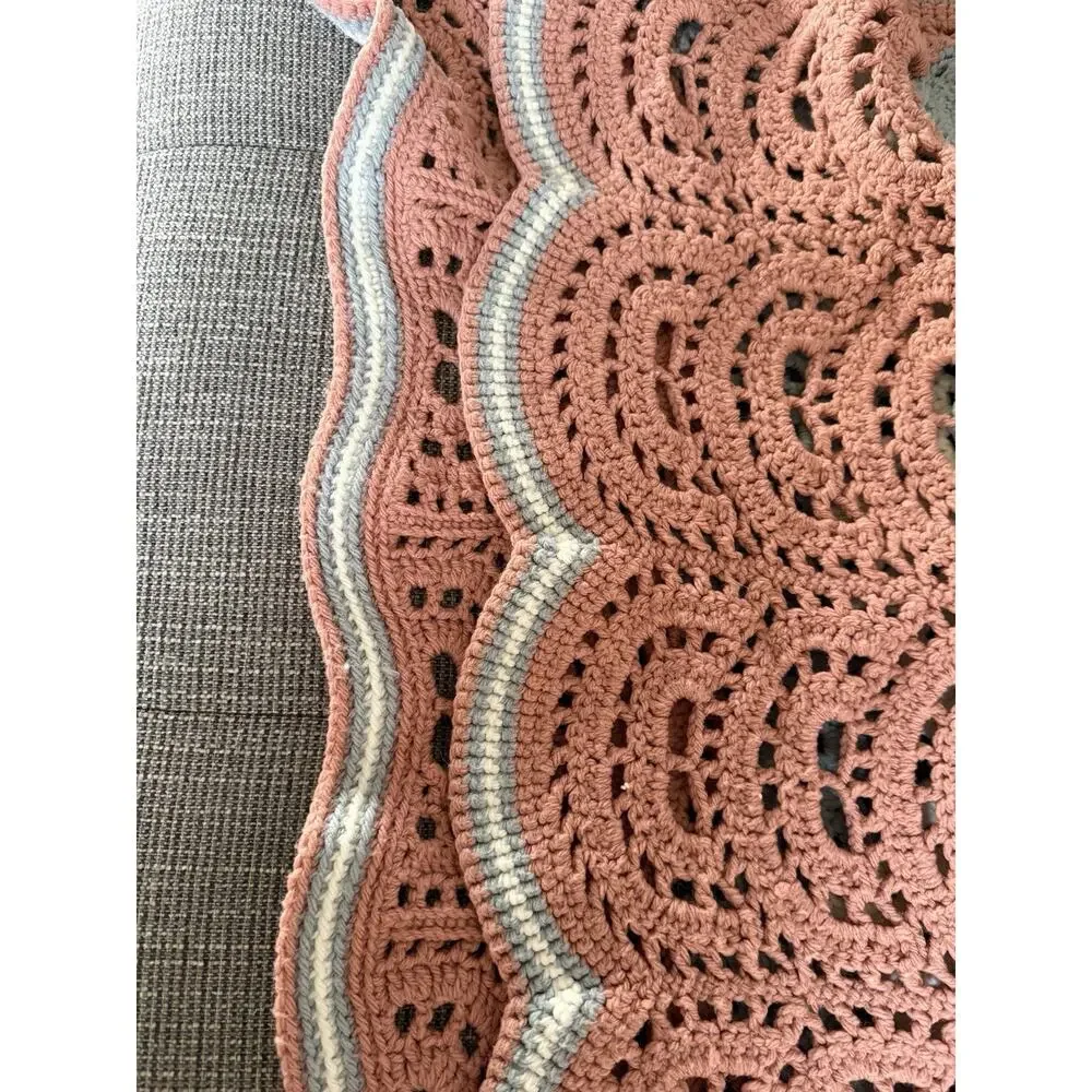 Vintage Handmade Crochet Blanket Afghan Lacy Fan Ripple Pink Grey White 62x72